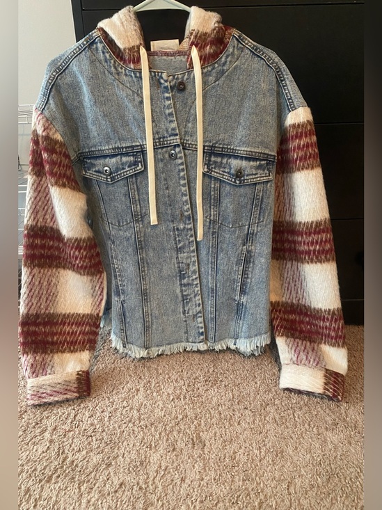 new in Jackets & Blazers - Blue Denim Hooded Jacket with Cream & Burgundy Plaid Sleeves NWOT